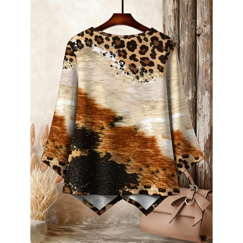 Printing Fashion New Product Large Size Round Neck Leopard Print Pattern Printing, Printing Casual and Comfortable Cross Hem Asymmetrical