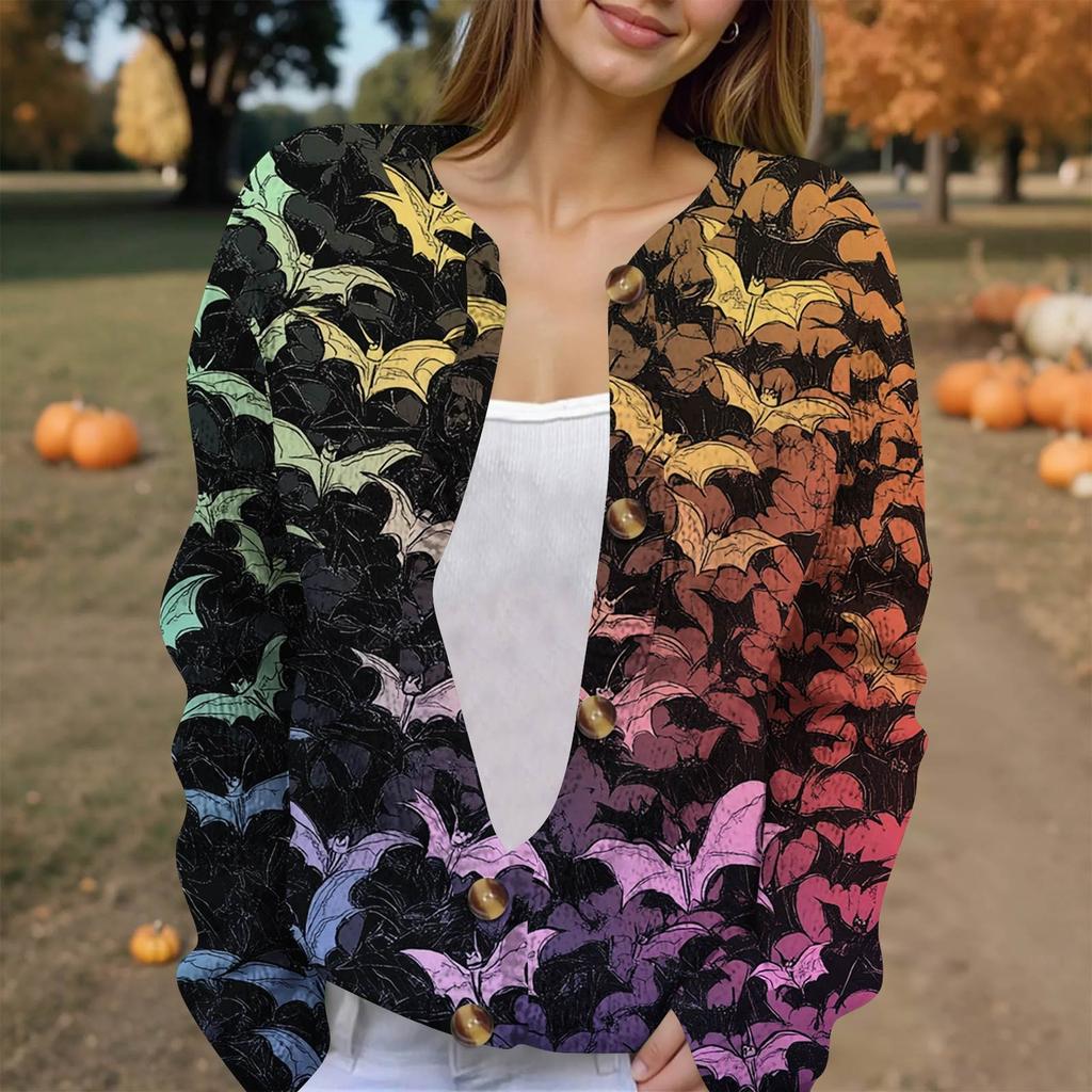 Women's Fashion Printed Long Sleeve Knitted Cardigan Button Down Jacket