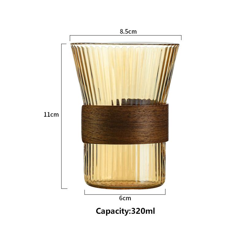 HeY LiLac 320ml Heat Resistant Borosilicate Glass Cup Vertical Ribbed Amber Color with FengQin Wooden Ring 301-400ml