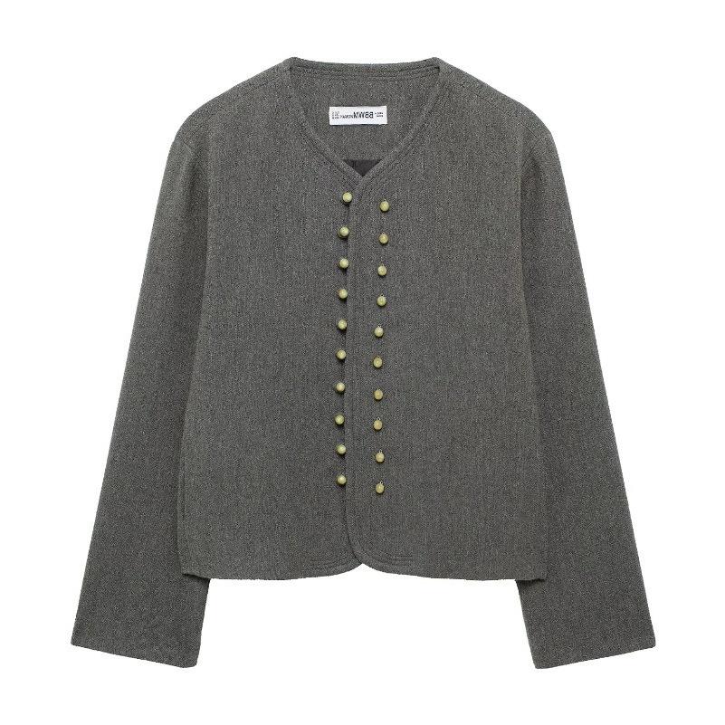 

TAOP&ZA Women s Spring Solid Color Round Neck Button Embellished Short Jacket Small