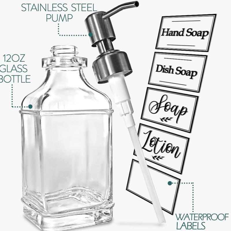 Square Glass Soap Dispenser with Stainless Steel Pump - Small Capacity