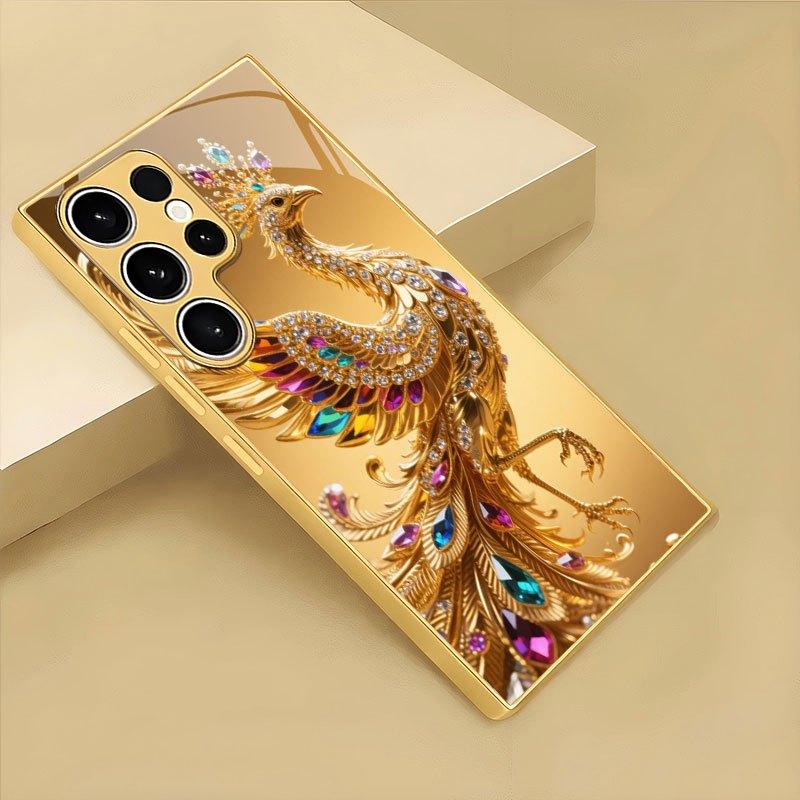 Colorful Diamond Golden Peacock Pattern Glass Phone Case for Samsung Galaxy S26 S25 S24 S23 S21 S20 Fe/plus/ultra Hard Case