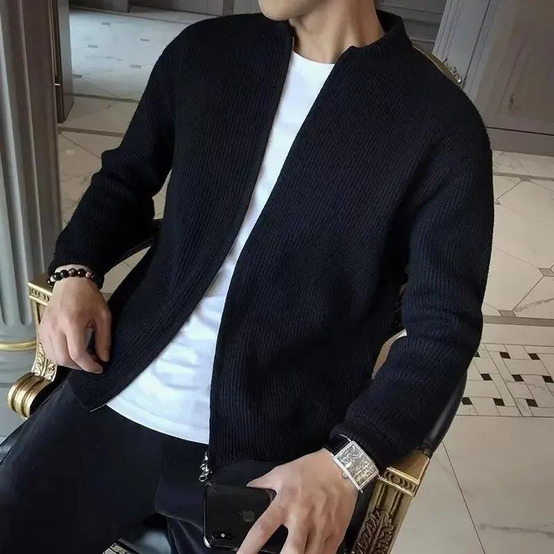 Autumn Winter Men's Solid Color Knitted Cardigan Sweater Jacket Casual Slimming Top Fashionable White Coat
