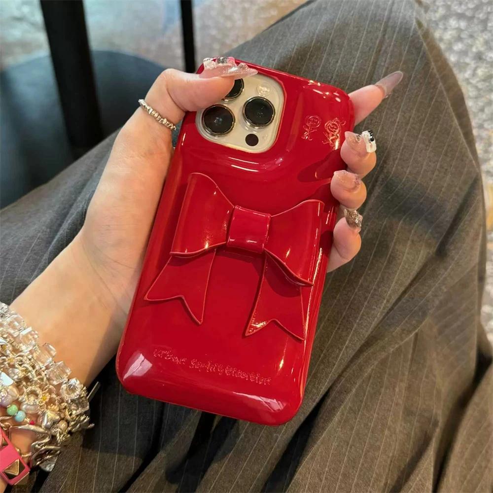 INS Korean Vintage Red 3D Bowknot Leather Phone Case For iPhone 17 16 15 14 13 12 Pro Max Creative Glossy Soap Soft Cover