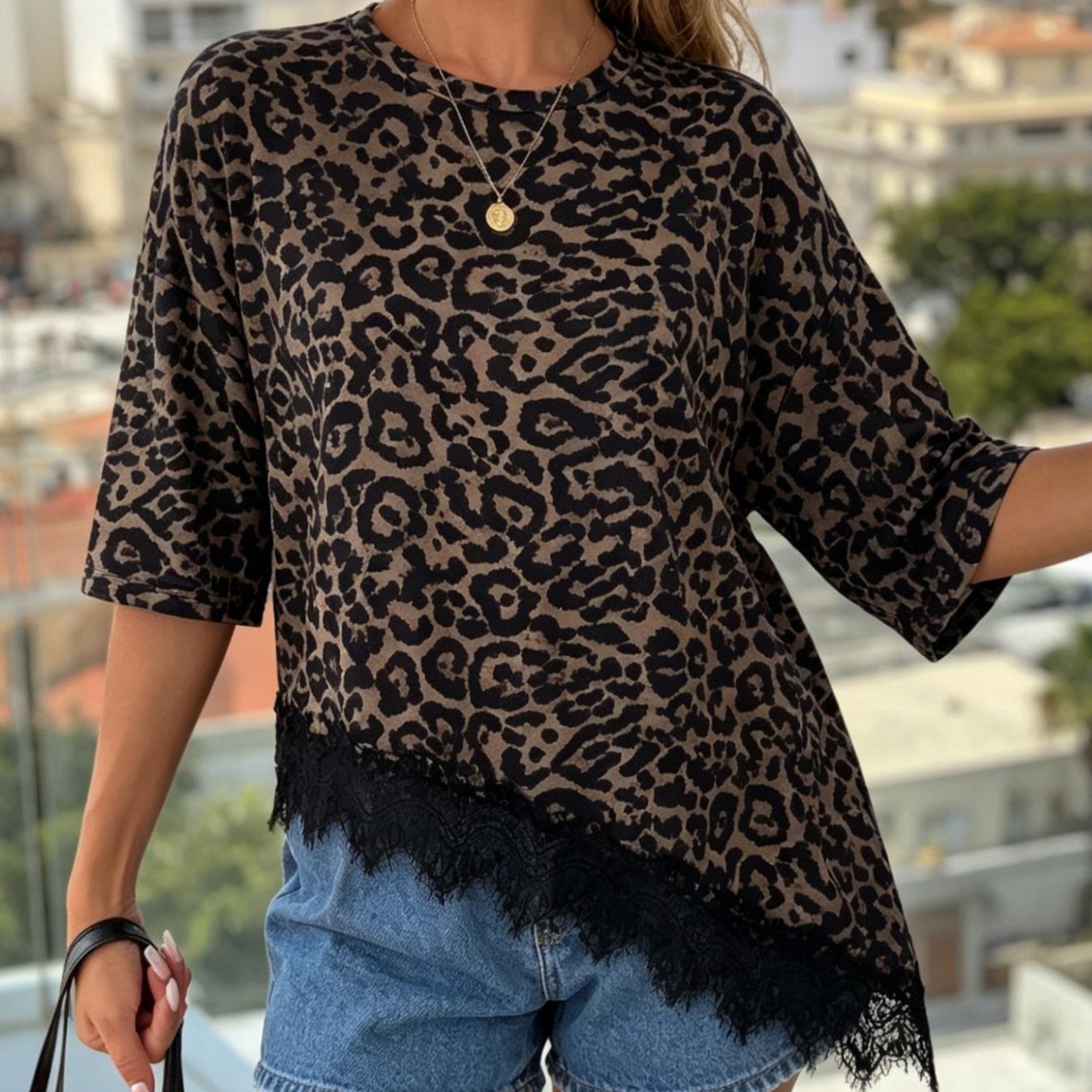 

Summer Round Neck Hem Lace Patchwork Loose And Fashionable T-shirt Top L