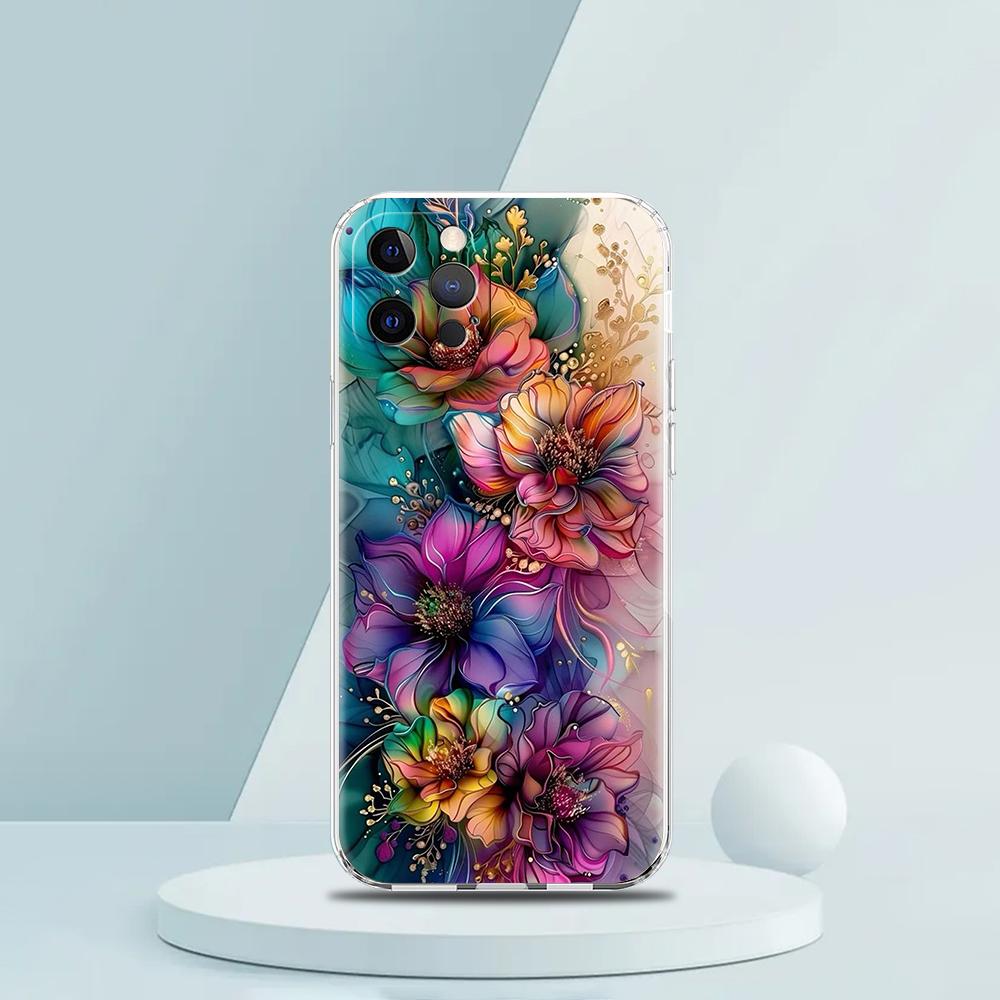 Colorful Flower Soft Transparent Phone Case Cover for iPhone 16 15 14 13 12 11 Pro Max XR 8 7 Plus XS Max Shockproof Shell Capas