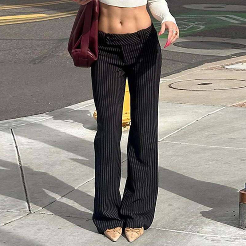 Vintage Pinstripe Contrast Color Flare Pants Women High Waist Slim Fit Y2K Streetwear Bell Bottom Trousers