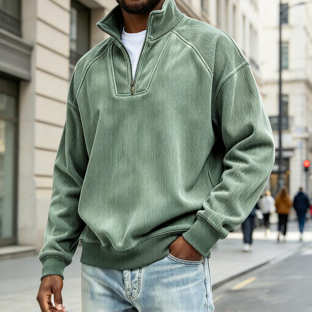 Men's Vintage Ribbed Half Zip Sweatshirt Mock Neck Pullover Top in Coffee Brown