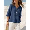 Solid-color Casual Loose V-neck Casual Button-down T-shirt for Women