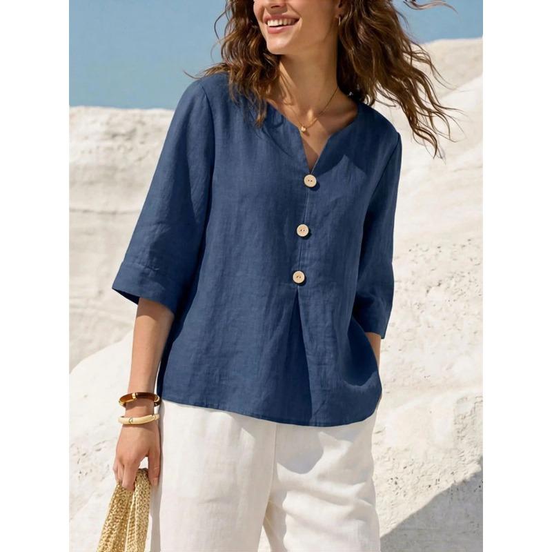 Solid-color Casual Loose V-neck Casual Button-down T-shirt for Women