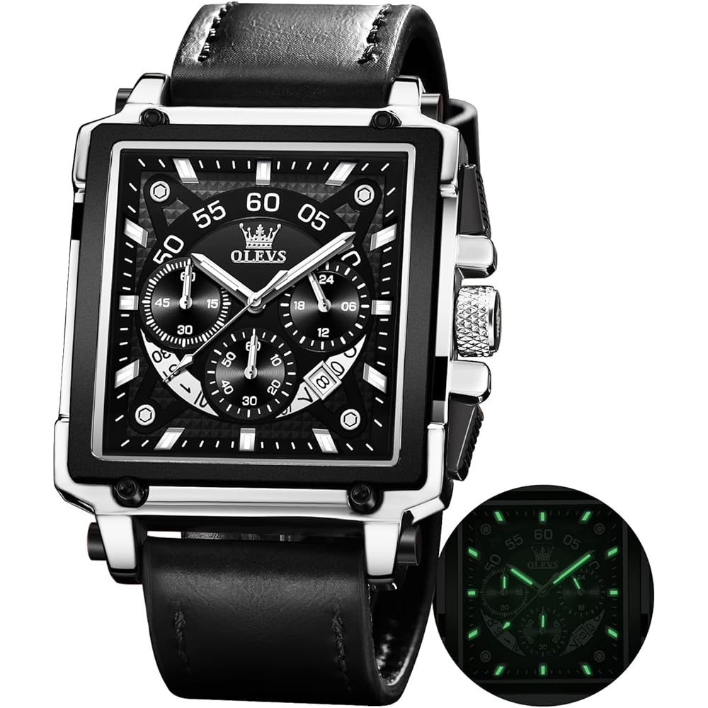 OLEVS Men s Quartz Chronograph Leather Dress Watch Silver Black Waterproof Casual Square Business Date Display