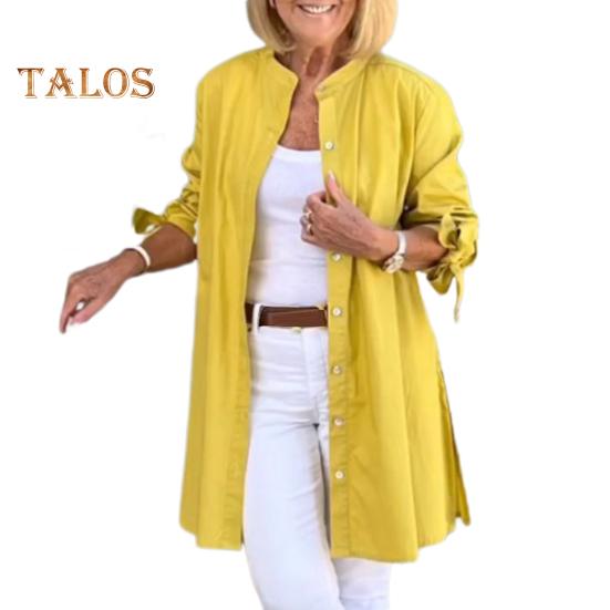 

Женская рубашка с длинными рукавами, однотонная, свободного кроя, с круглым вырезом, средней длины, для работы, вечеринок, отпуска M жёлтый