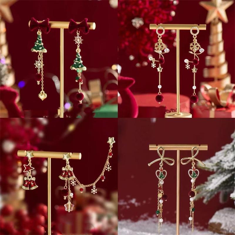 Vintage Flocking Bowknot Christmas Tree Earrings for Women Luxury Imitation Pearl Snowflake Tassel Earring New Year Jewelry Gift