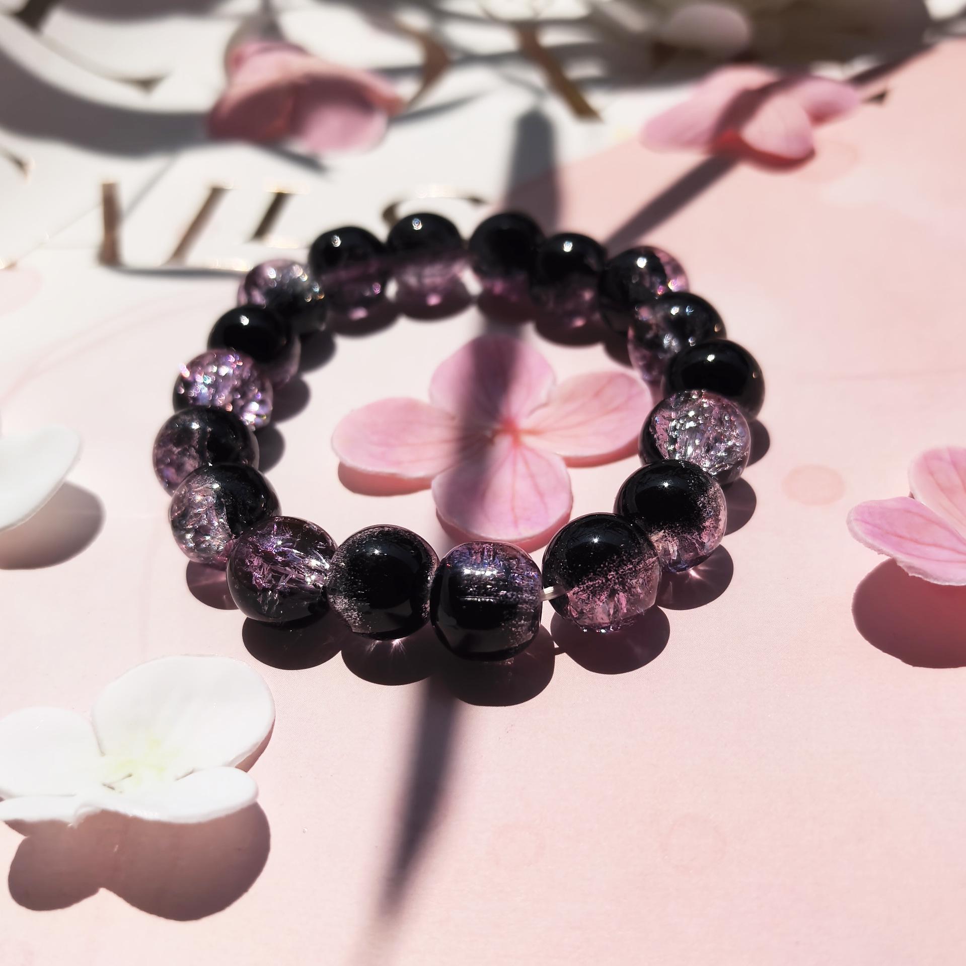 

10mm Explosion Flower Glass Bead Wrap Bracelet for Women, Soft Student Play Beads, Finger Wear Design. чорний/Фіолетовий