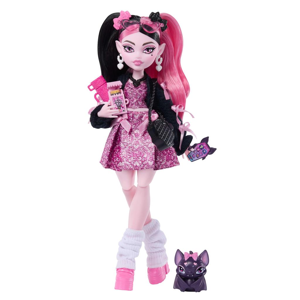 Monster High doll, Dracula ura in a pink bow dress, black cardigan with pet bat count, fabulous, ramen, lipstick, wallet and 7 other accessories,