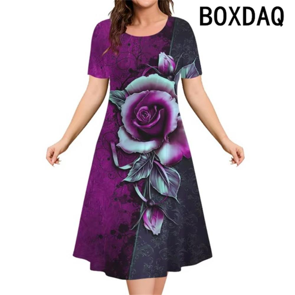 

Plus Size Women Dress 3D Flower Pattern Elegant A-Line Dress Fashion Short Sleeve Casual Oversized Loose Pullover Dress Vestidos S