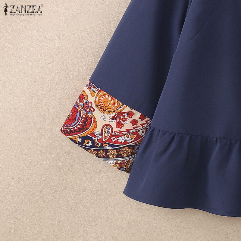 ZANZEA Damen Lässige Stehkragen Patchwork 3/4 Ärmel Retro Bluse