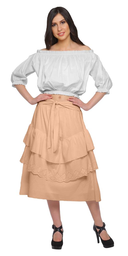 Moomaya Solid Cotton Skirts For Women Knee Length With Lace Belt Ruffle