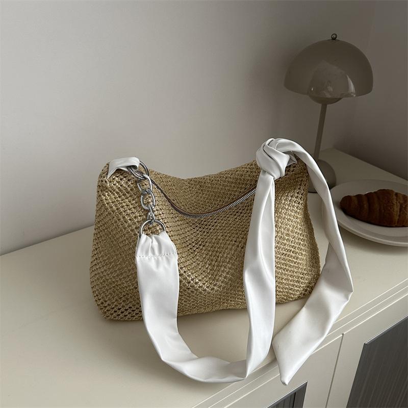 Hand-carrying Big Bag for Women New Texture Woven Underarm Bag Solid Color Simple Hollow One-shoulder Casual Tote Bag