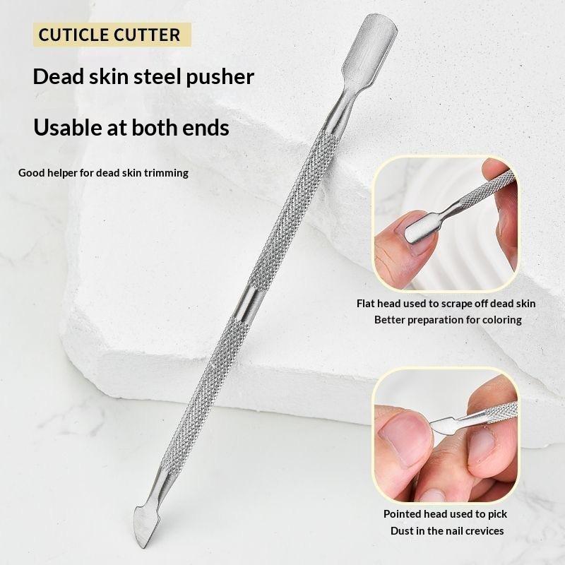 Double Ended Stainless Steel Cuticle Pusher Spoon Pointed Tip Nail Care Non Slip Grip Manicure Tool