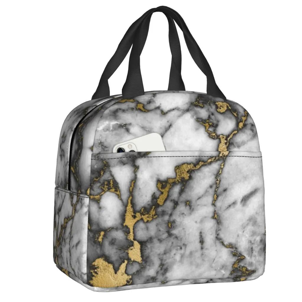 Marmor Grau Kupfer Schwarz Gold Isolierte Lunchtaschen für Frauen Abstraktes Muster Kühltasche Thermische Lebensmittel Lunchbox Kinder Schule Kinder