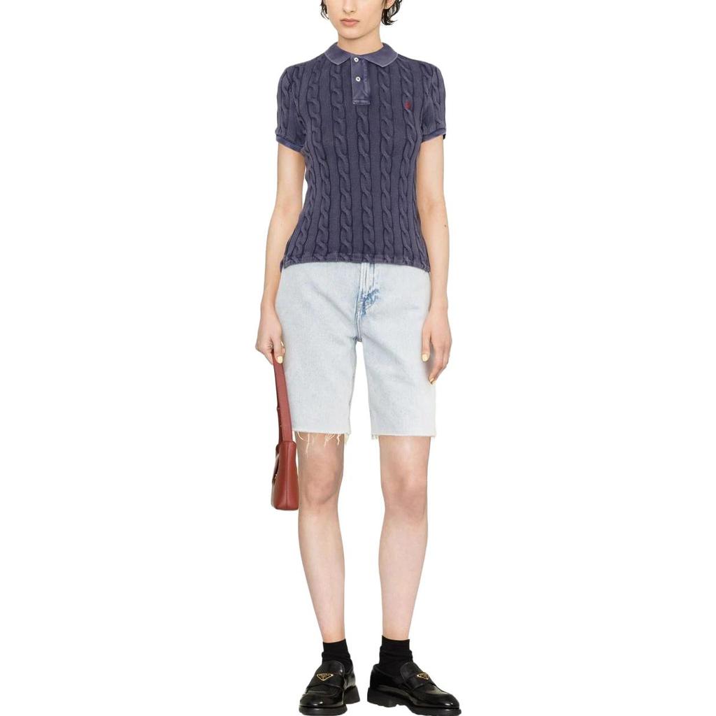 Polo Ralph Lauren SS23 Solid Logo Textured Print Short Sleeve Polo Shirt Women Tops Blue 211891579-002