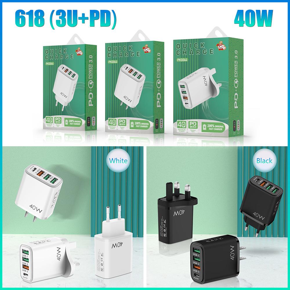 40W Multi-Standard Charger: 1 USB + 3 PD Ports for Mobile Devices (EU/US/UK Compatible)