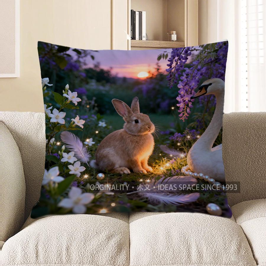 

2D Enchanting Bunny & Swan Garden Decor Pillow Pattern Cushion Cover Suitable For Sofa Bedroom Car Pillow Cover 40x40cm
