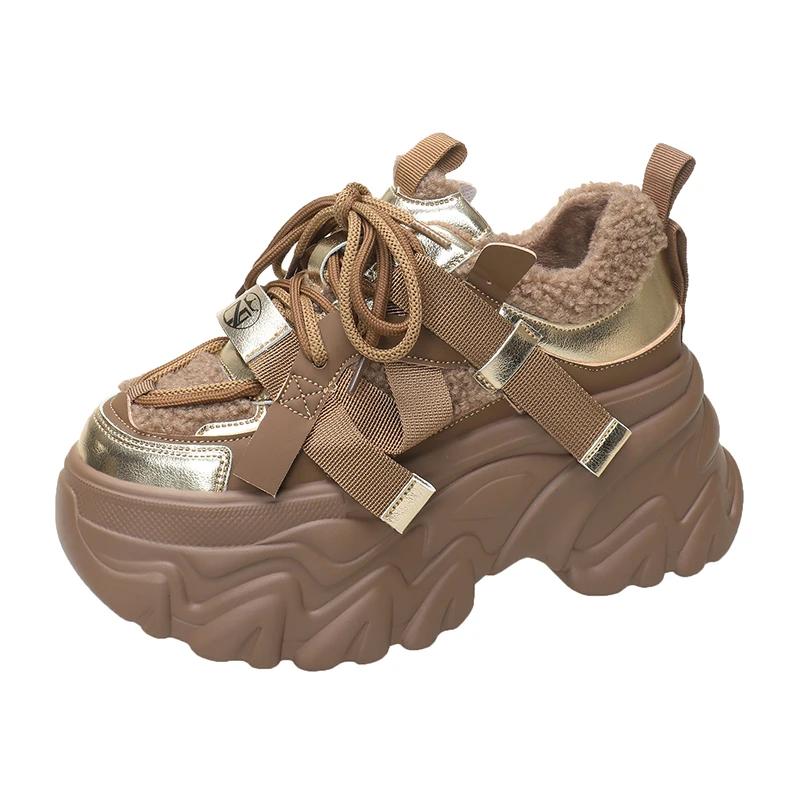 Fashion 8CM Winter Women's Chunky Fur Sneakers Warm High Platform Sports Shoes Woman Thick Sole Leather Casual Shoes Zapatillas Mujer