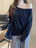 Gray Pure Cotton Off-Shoulder Long-Sleeve Women's T-Shirt - Loose Fit, Spring/Autumn Stylish and Sexy Top