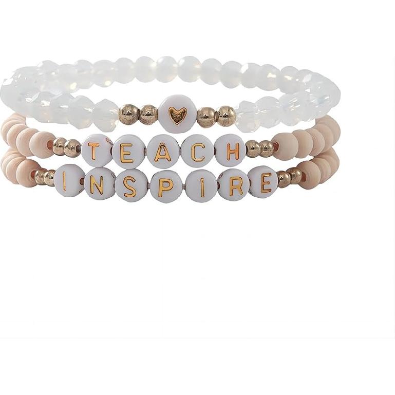 tenghong2021 Acrylic Bead Elastic Rope Beaded Bracelet for Women Handmade Wood Beaded Teacher Appreciation Strand Bracelets Teach Inspire Beaded