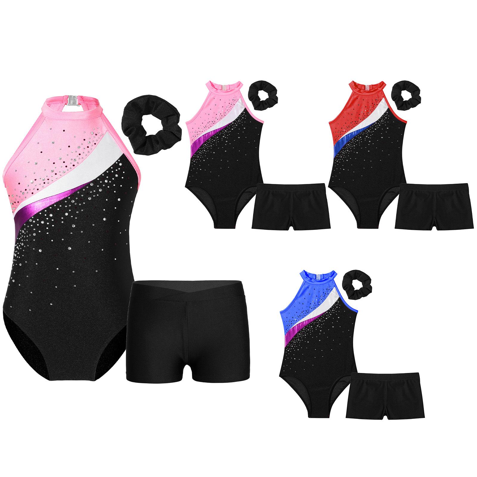 

Kids Girls Sleeveless Shiny Rhinestone Decor Leotards with Shorts and Hair Band Gymnastics Dance Performance Outfits 5-6 Years жовтий/чорний