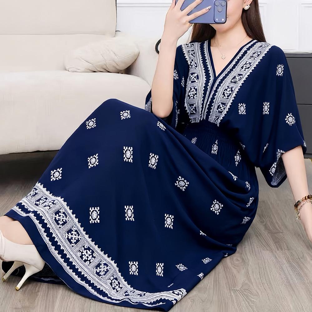 26-Year Floral V-Neck Cotton Silk Batwing Sleeve Beach Dress - Thailand Travel & Vacation Skirt Style