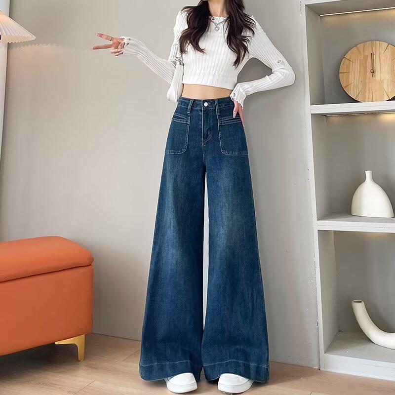 High Waist Wide Leg Denim Pants Women Retro Blue Loose Straight Cut Full Length Jeans