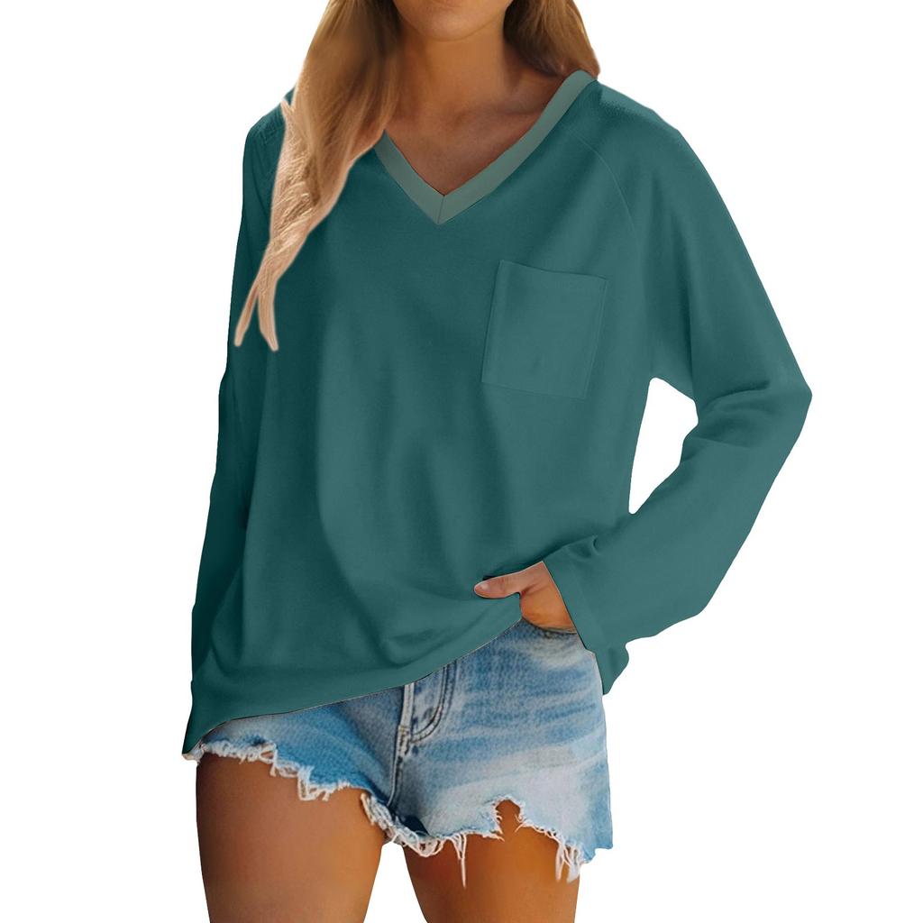 Women's Raglan Long Sleeve V-Neck T-Shirt Splicing Solid Color Casual Top Pullover V-Neck Pocket Bottoming Shirt