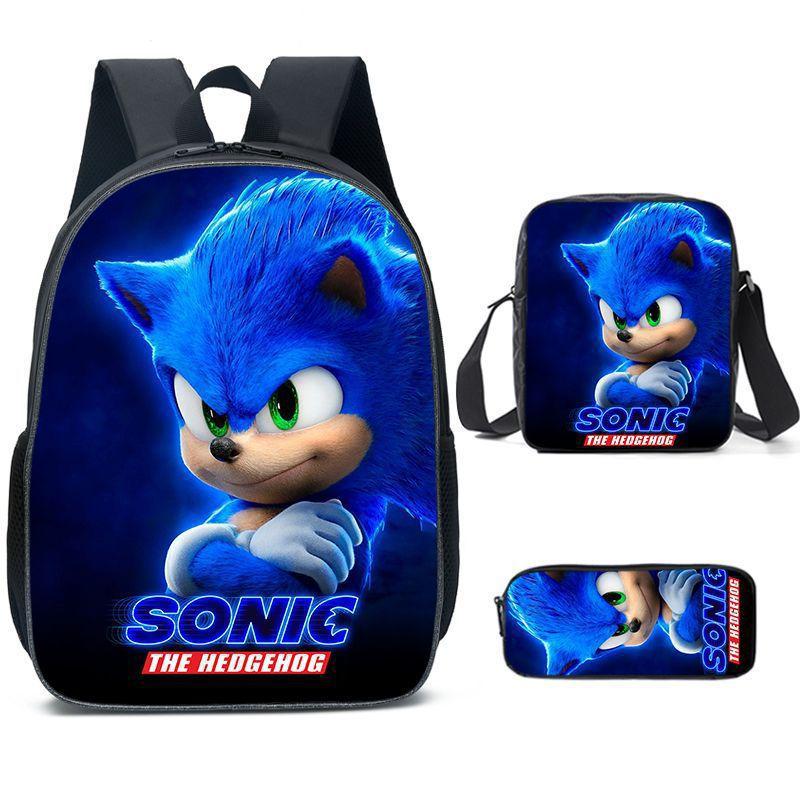 Sonic Primary School Student Schoolbag Three-Piece Set, Animation Cartoon Backpack, Shoulder Bag Pencil Case