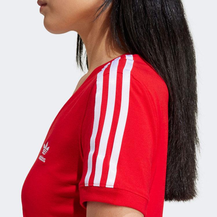 Adidas Originals Three Stripe Color Block V-Neck Slim Fit Short Sleeve T-Shirt Women Tops Red IR8116
