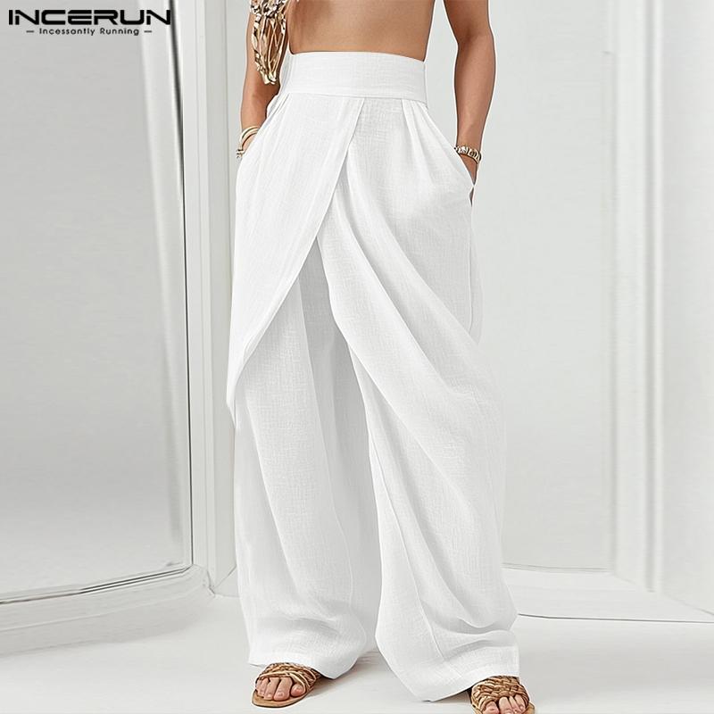 INCERUN Men Zip-Up High Waist Layers Long Trousers Casual Pants