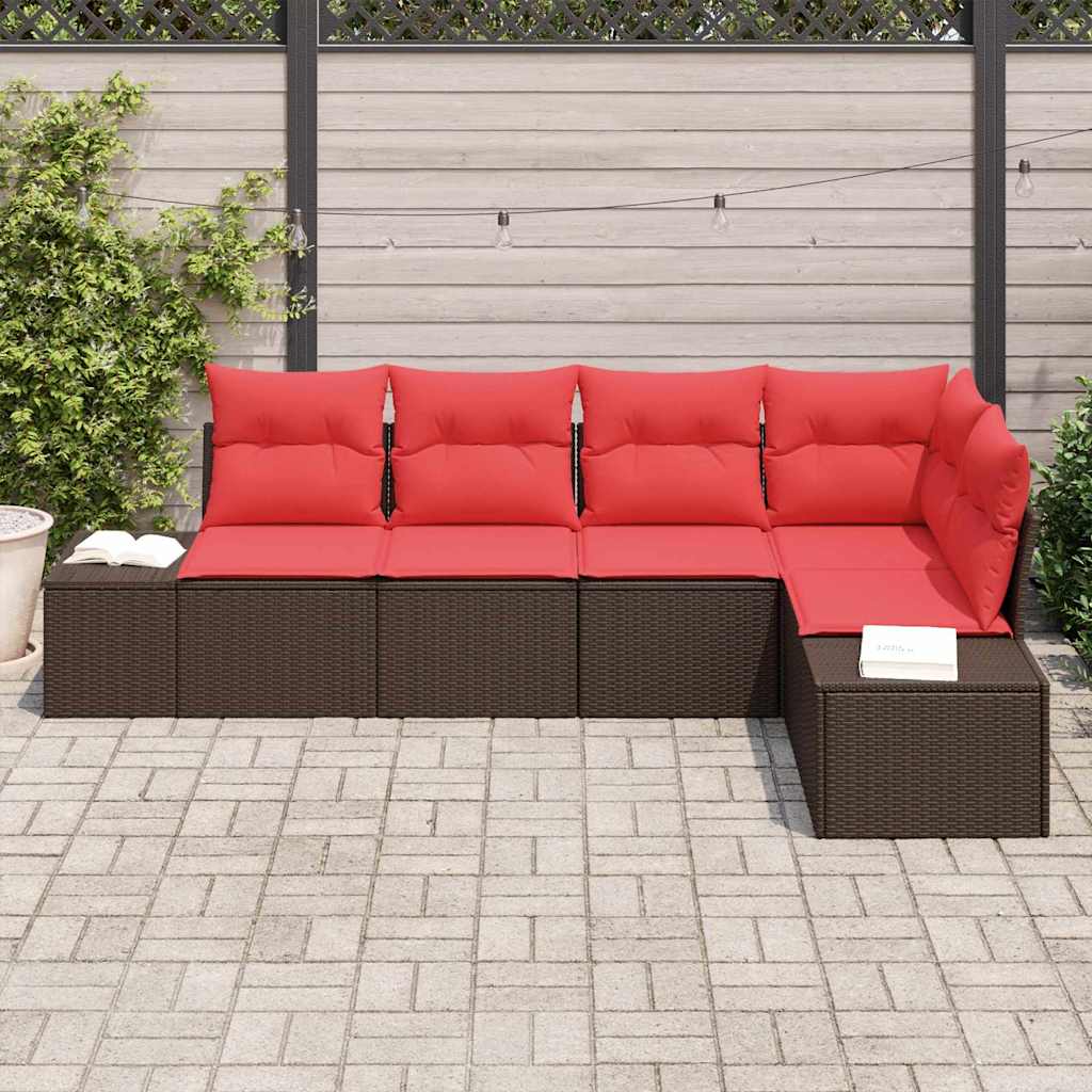 Garden Sofa Set 5 Pieces Brown and Red Poly Rattan