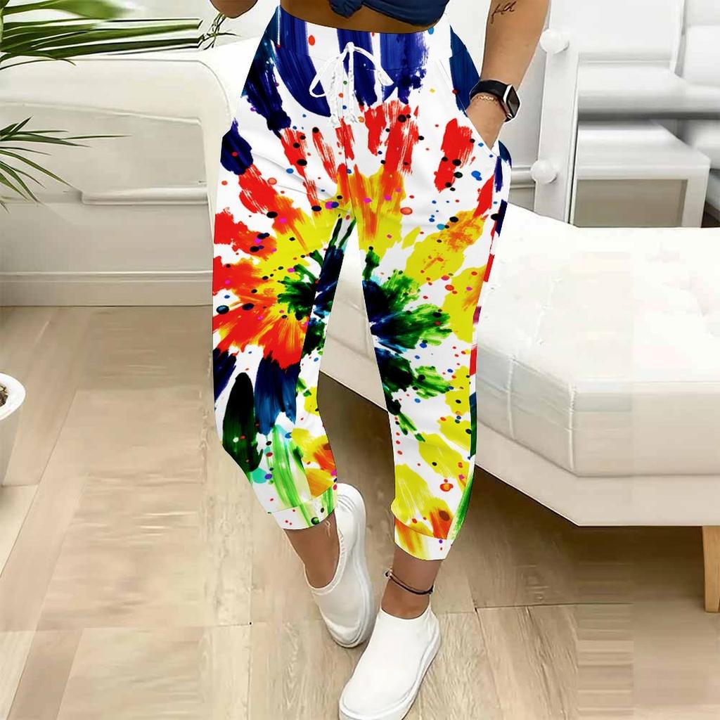 Summer Ladies Retro Print Sweatpants Loose Fit Drawstring Joggers Elastic Cuff Daily Casual Pants