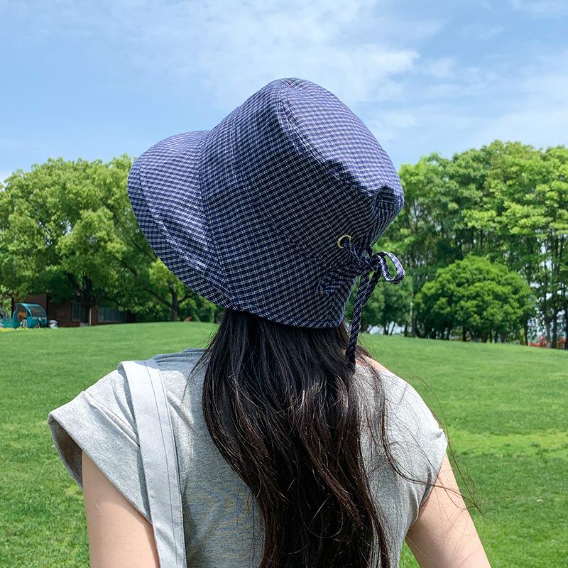 Japanese Retro Plaid Windproof Fisherman'S Hat Children Summer Sun Protection Big Brim Sun Hat Showing Washbasin Hat