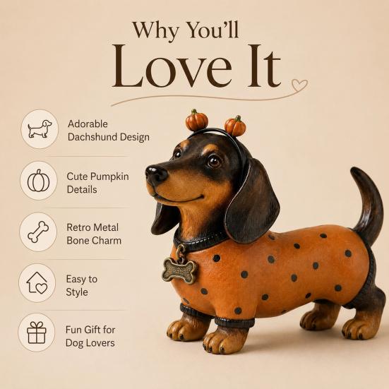 Cute Dog Figurines for Thanksgiving Fall Harvest Dachshund Figurine, Halloween Statue with Pumpkin Headband Polka Small Ornament Fireplace Dot Outfit,