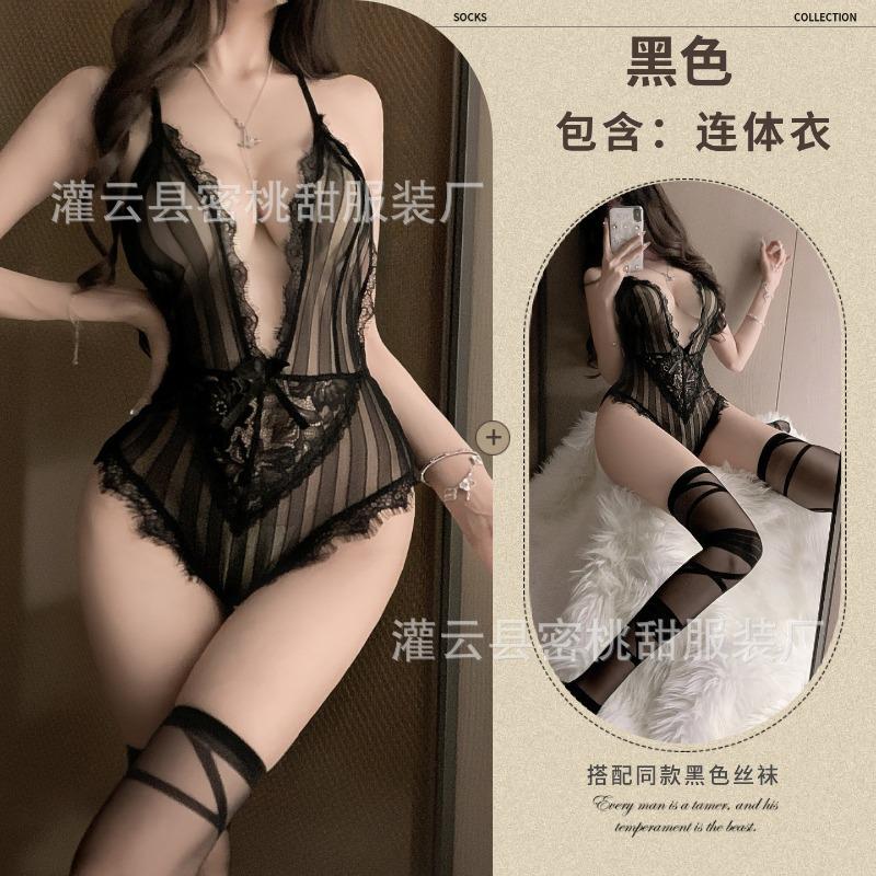 Sexy lingerie hot backless suspender one-piece sexy three-point lace perspective couple flirting pajamas