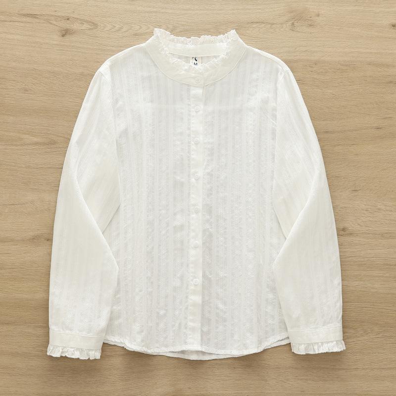 Spring Autumn Women White Shirts Embroidery Blue Blouses Long Sleeve Casual Lady Tops Stand Collar Loose Female Clothes