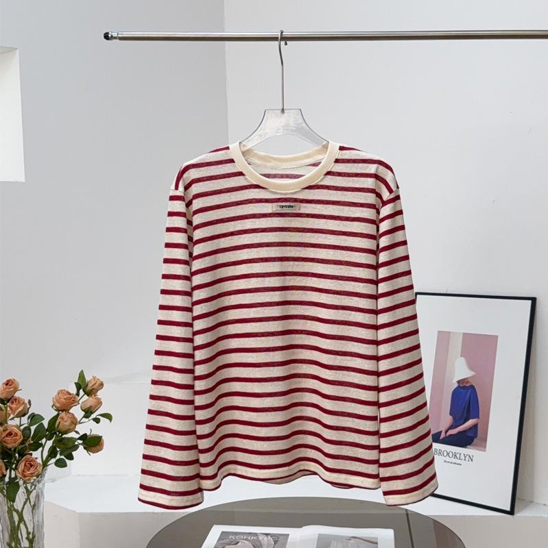 

MC25 Осенний Универсальный Морской Стиль Легкий Топ с Длинным Рукавом из Шелка Малбери, Хлопка и Льна Small