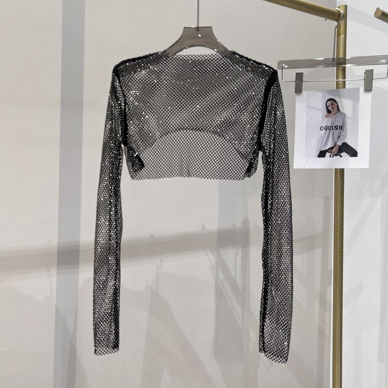 Sparkling Mesh Diamond Sun Protection Long Sleeve Party Top
