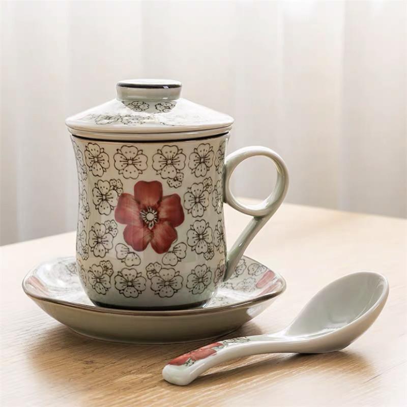 Modrobílý porcelánový šálek na čaj Keramický ručně malovaný Retro hrnek s oddělovačem na vodu a víčkem s filtrem Kancelářské šálky na čaj Nápojové nádobí