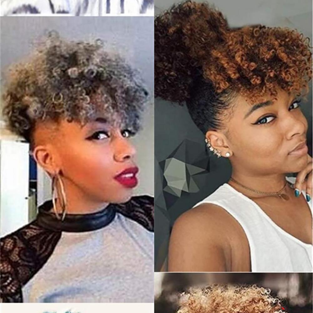 Afro Puff Hair Bun Chignon Drawstring Ponytail with Bangs, Black Kinky Curly Ponytail Bun with Bangs Updo Hairpiece For Women