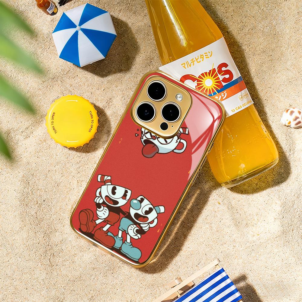 

Cute cup-Head classic cartoon pattern Phone Case For iphone 17 16 15 14 13 12 11Pro Plus Max Luxury Gold-plated glass Phone Case iPhone 13 Pro