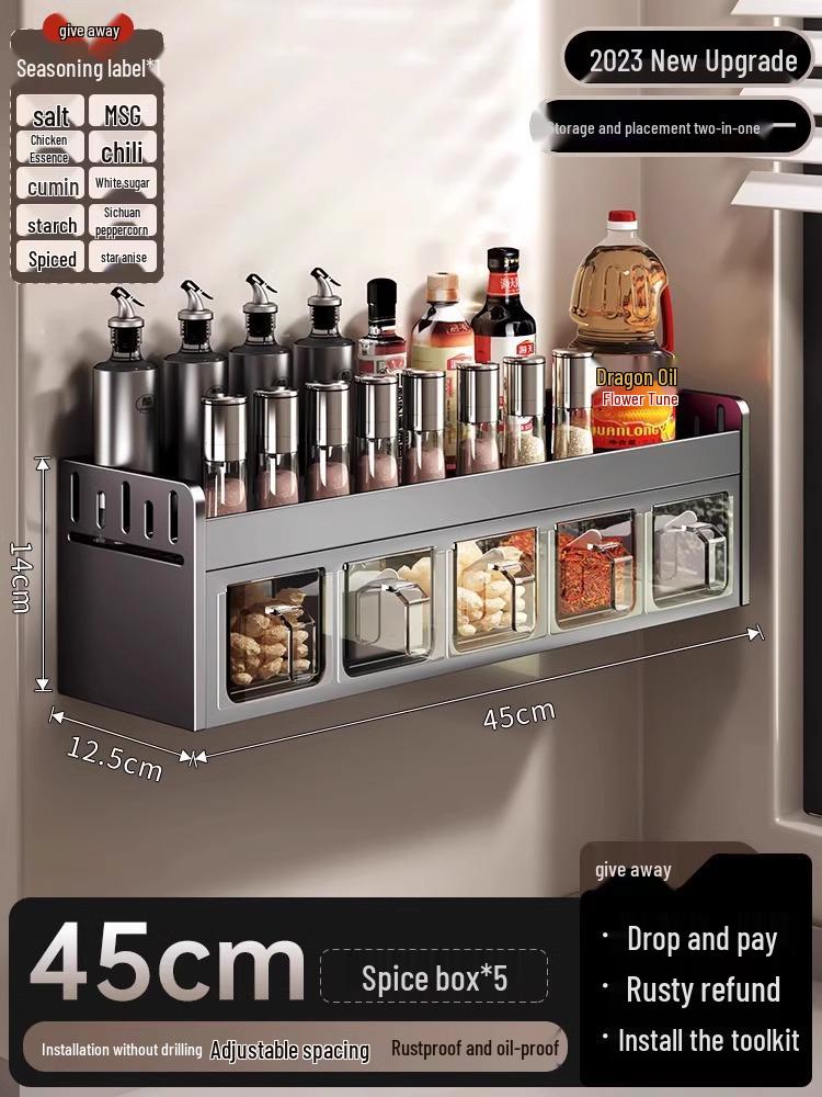 

Настенная кухонная полка для специй без сверления с многофункциональными емкостями для приправ